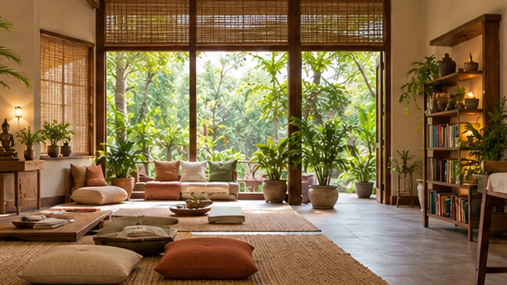 Espacio cálido con plantas, libros y almohadones para aprender Ayurveda