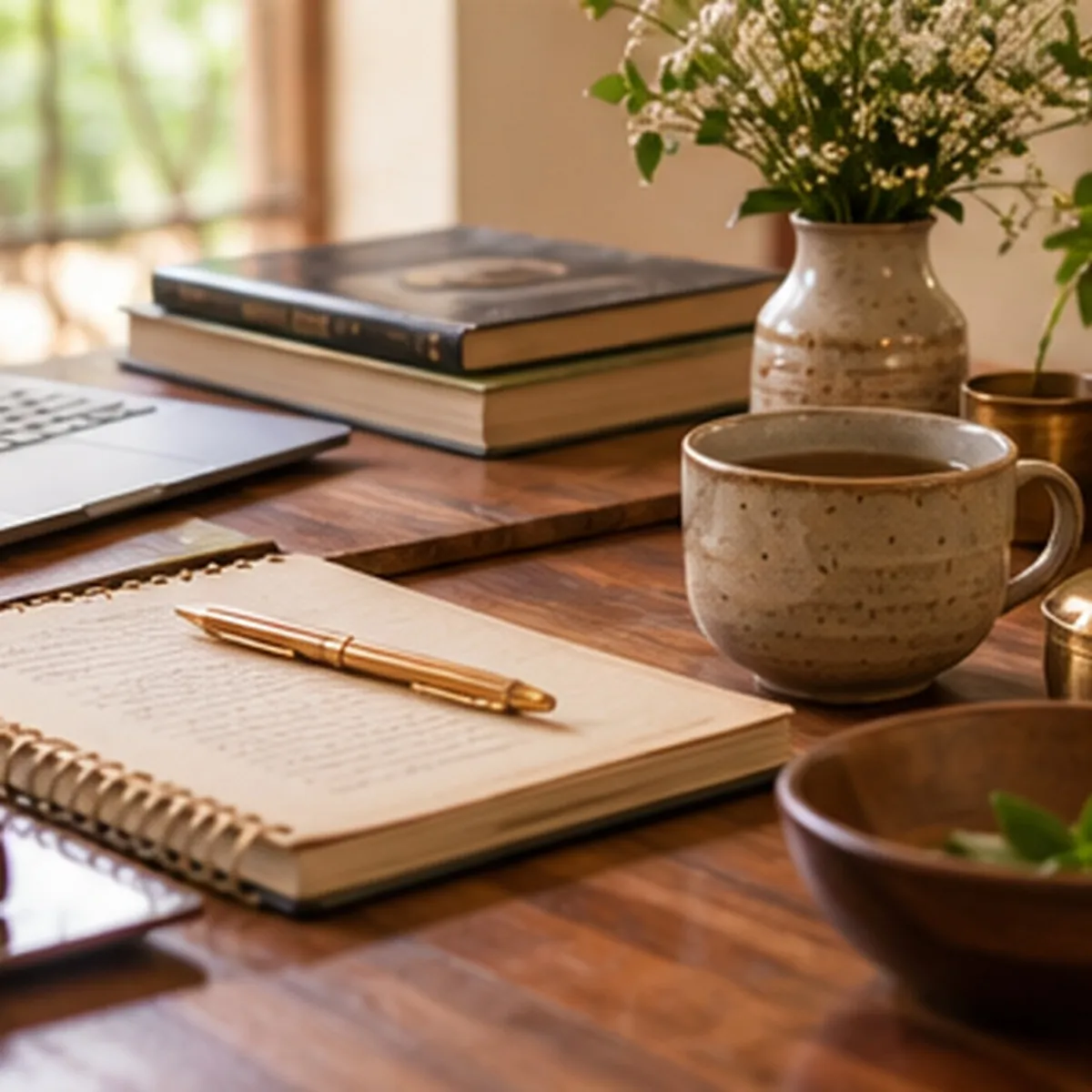 Cuaderno, libros y computadora preparados para una formación en línea